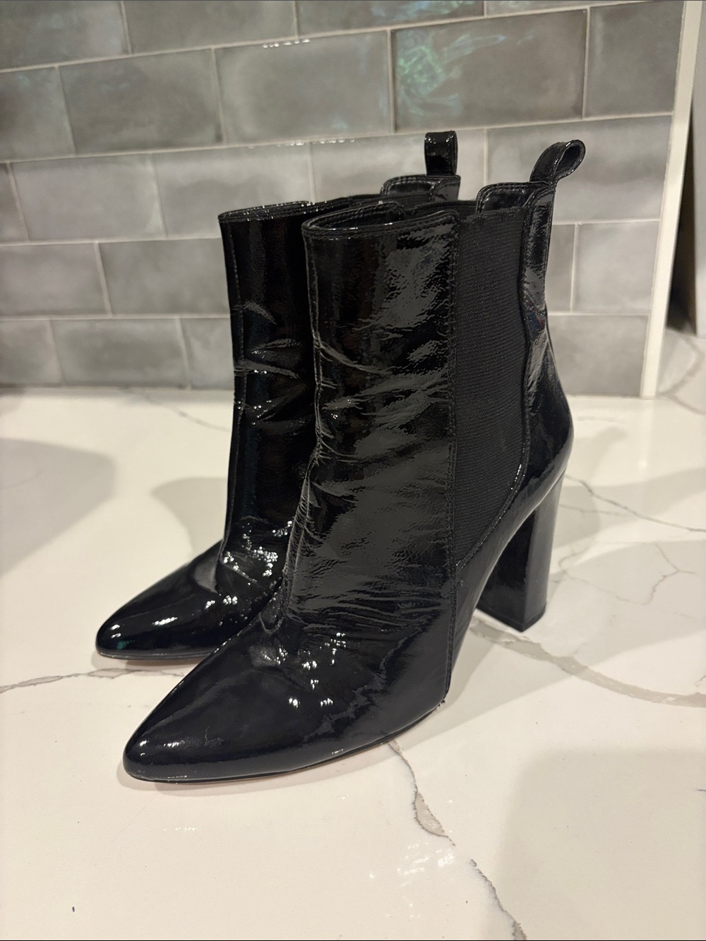 Patent Pointed-Toe Block Heel Ankle Boots - Black